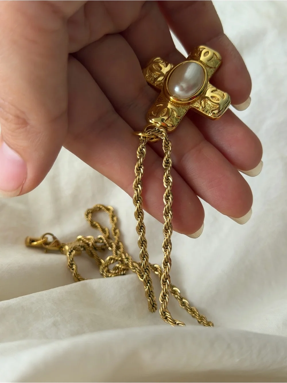 Gold Chanel Cross CC Pendant Necklace with Pearl Center